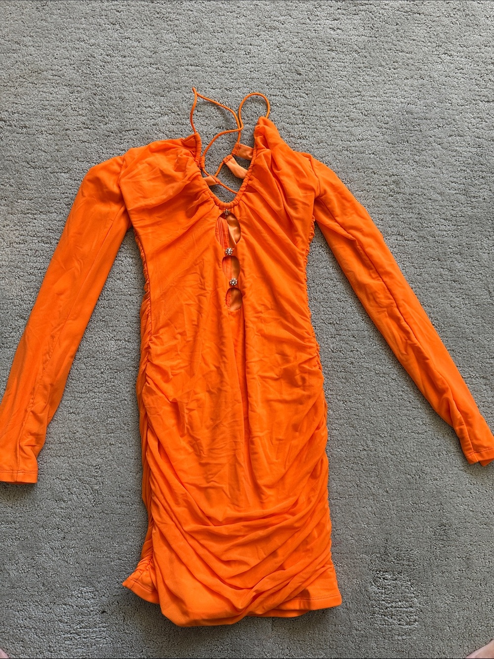 Bright Orange Long-Sleeve Ruched Mini Dress with Front Ring Detail